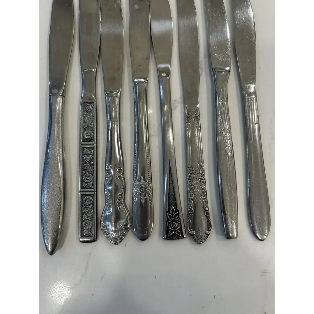 Vtg Mixed Lot of 8 Dinner Knives‎ 9” MCM Mismatched Stainless Floral Patterns